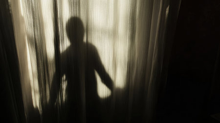 Creepy shadow of a figure behind a curtain, dim room, copy spaceの素材