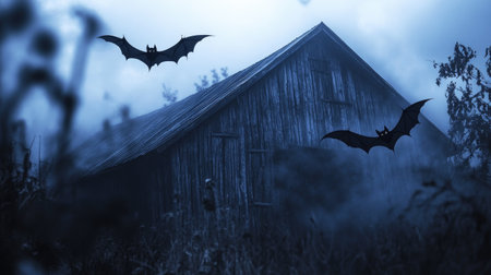 Halloween bats flying out of an old barn, eerie atmosphere, copy spaceの素材