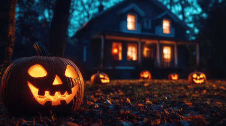 Haunted house with glowing jack-o'-lanterns in the yard, spooky night, copy spaceの素材