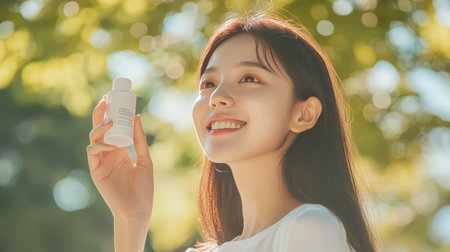Beautiful Asian woman raising her hand to hold a product, smiling confidently.の素材