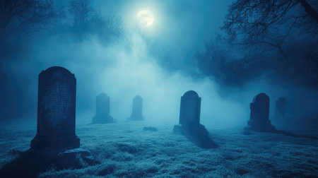 Eerie graveyard with fog and tombstones, moonlit night, copy spaceの素材