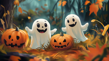 Cheerful cartoon ghosts and pumpkins in a Halloween background, perfect for adding your Halloween greetings.の素材