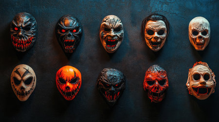 Halloween mask collection on a dark wall, eerie lighting, copy spaceの素材