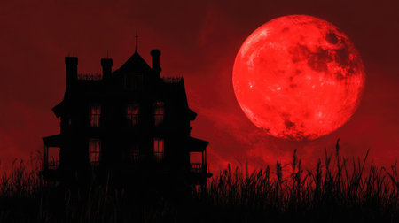 Haunted house silhouette against a blood-red moon, spooky night, copy spaceの素材
