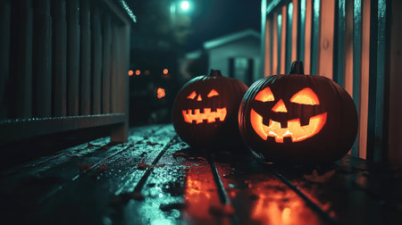Spooky Halloween pumpkins on a porch, eerie night sky, copy spaceの素材