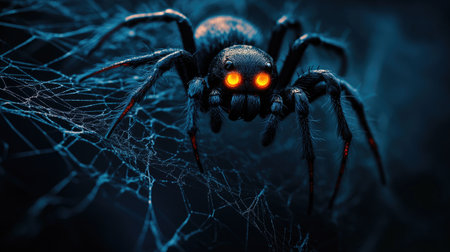 Halloween spider web with a large spider and glowing eyes, dark background, copy spaceの素材