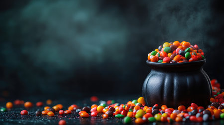 Halloween candy spilling out of a cauldron, dark background, copy spaceの素材