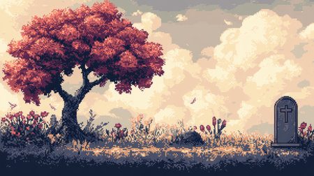 8-bit pixel art of a cute pastel goth graveyard with a tree, tombstone, and dead flowerの素材