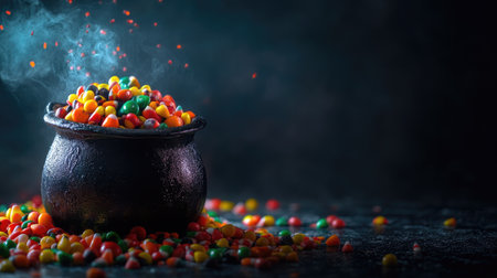 Halloween candy spilling out of a cauldron, dark background, copy spaceの素材