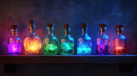 Witch's potion bottles glowing on a shelf, dark room, copy spaceの素材