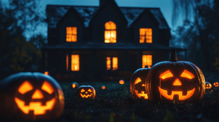 Haunted house with glowing jack-o'-lanterns in the yard, spooky night, copy spaceの素材