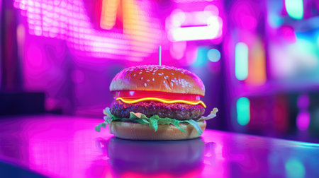 Colorful neon burger, glowing with vibrant lights and creating a lively atmosphereの素材