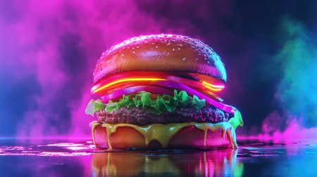 Colorful neon burger, glowing with vibrant lights and creating a lively atmosphereの素材