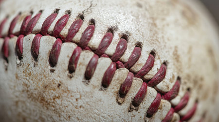 Close-up top view of a baseball ball, ideal for sports-related designs and backgrounds.の素材