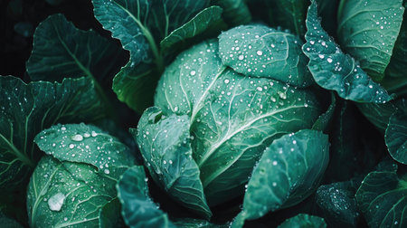 Fresh cabbages with raindrops, captured in a vibrant and natural environment.の素材