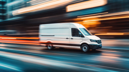 Delivery van in motion, blurred background emphasizing fast and efficient delivery.の素材