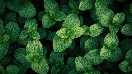 Green mint leaves arranged in a top view, perfect for a natural and fresh backgroundの素材