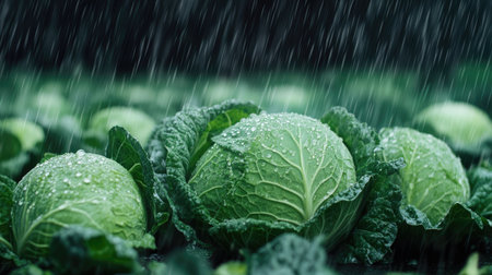Green cabbages in a rainy setting, highlighting their freshness and moistureの素材