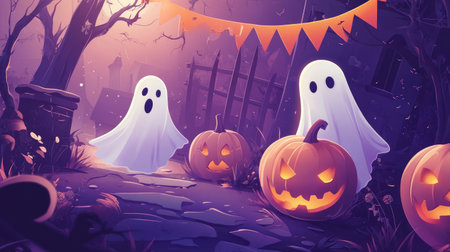 Halloween vector with ghosts, pumpkins, and a spooky banner, perfect for autumn celebrationsの素材