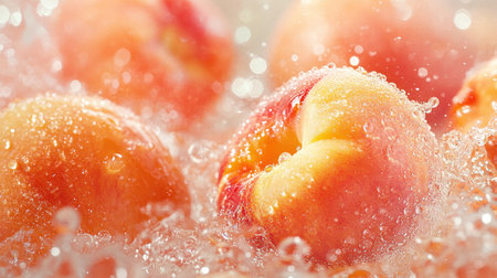 Juicy peaches with water droplets, creating a mouth-watering and fresh background.の素材