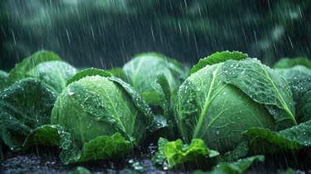 Green cabbages in a rainy setting, highlighting their freshness and moistureの素材