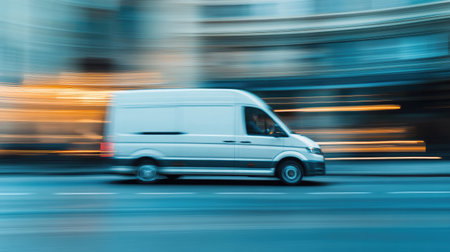 Motion blur of a delivery van, creating a sense of speed and urgency.の素材