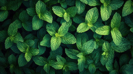 Lush mint leaves covering the frame in a top view, vibrant and healthy.の素材