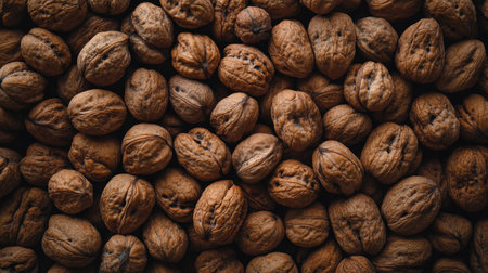 Top view of walnuts, creating a rich and textured background.の素材
