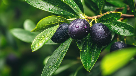 Ripe black olives with water drops on a tree, surrounded by lush green leavesの素材