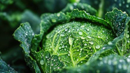 Raindrops on a green cabbage, captured in a close-up for a refreshing look.の素材