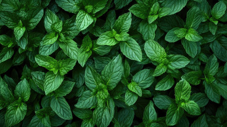 Top view of fresh mint leaves creating a vibrant green background.の素材