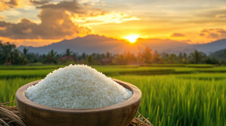 Sunset view of rice fields with a wooden bowl of white rice in the foreground.の素材