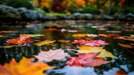Tranquil pond with colorful fall leaves floating on the surface.の素材