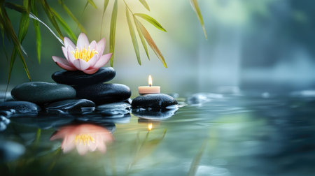 Serene zen stones with a candle and lotus flower, ideal for relaxation themes.の素材