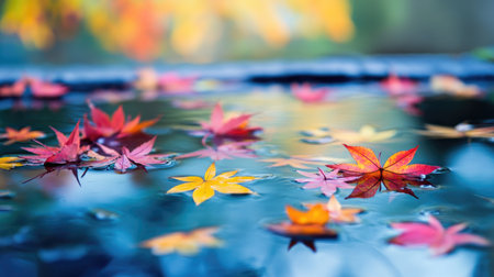 Tranquil pond with colorful fall leaves floating on the surface.の素材