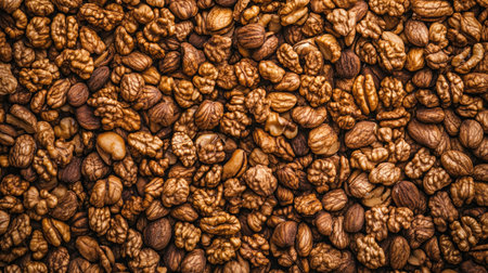 Walnuts spread out in a top view, making a textured and earthy background.の素材