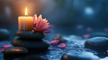Zen stones, a glowing candle, and a lotus flower, perfect for a meditation setting.の素材