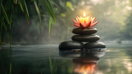 Zen stones stacked with a lit candle and a lotus flower, creating a serene scene.の素材