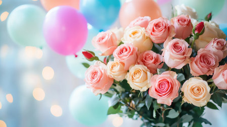 A beautiful bouquet of roses decorated with colorful balloons, creating a festive and romantic scene in an elegant settingの素材