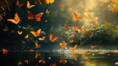 A beautiful scene of autumn leaves and delicate butterflies falling into a pond, creating a calming and seamless nature-themed design.の素材