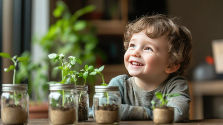 A happy little boy watches eagerly as green seedlings sprout in a jar, experiencing the wonder of nature and growth.の素材