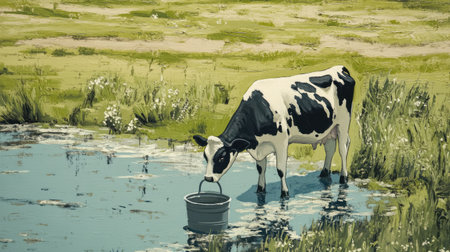 A serene scene of a black and white cow in a rural farm meadow, with a milk bucket at its side, set against a backdrop of green grass.の素材