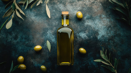 A bottle of organic olive oil with olives scattered around, representing health, nutrition, and the benefits of natural ingredients.の素材