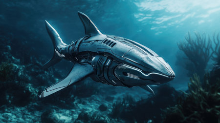 A futuristic robot shark glides along the ocean floor, its powerful form cutting through the water in a dramatic underwater scene.の素材