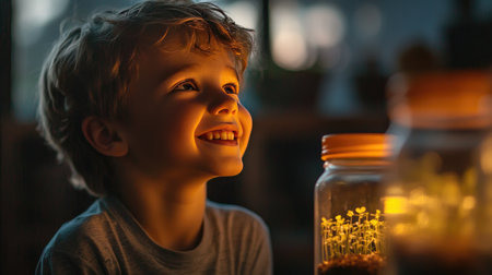 A young boy face lights up as he observes tiny seedlings sprouting in a jar, capturing his joy and excitement.の素材