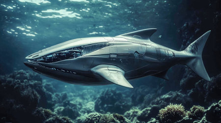 A robotic shark swims just above the ocean floor, its sleek design contrasting with the organic textures of the seabed.の素材