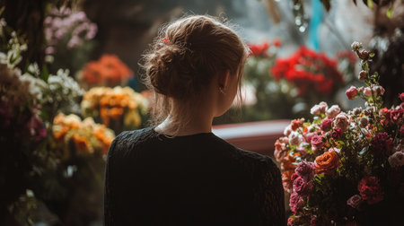 A woman stands silently beside a coffin at a funeral, surrounded by flowers, in a moment filled with reflection and grief.の素材