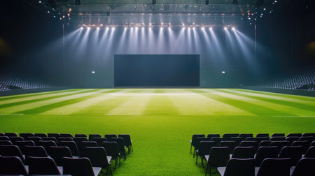 A central stage on a vibrant green soccer field, surrounded by vacant chairs and light flashes, ready for a product showcase event.の素材