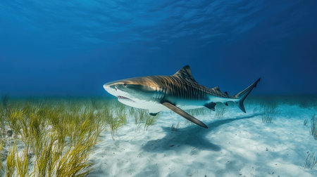 A tiger shark moves gracefully near the seabed, its striking stripes and strong presence dominating the underwater scene.の素材