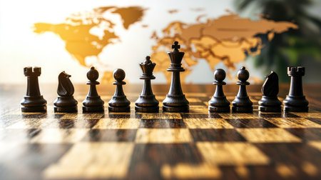 Chess pieces arranged on a chessboard over a world map, representing strategic competition in global business.の素材